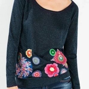 Desigual Metallic Lurex Pullover Sweater L Floral Embroidered Patches